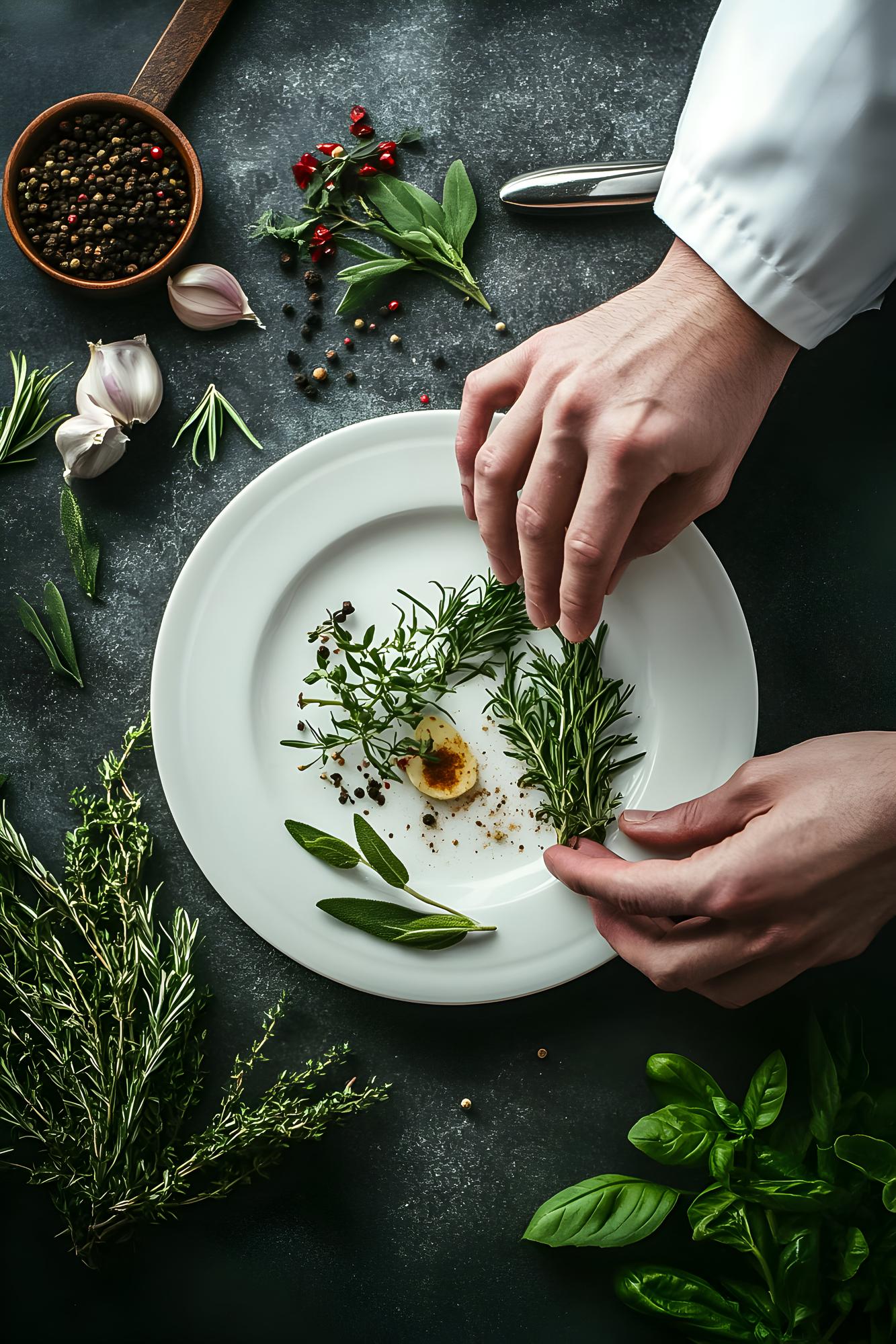 Chef arranging plated dish in a warm kitchen